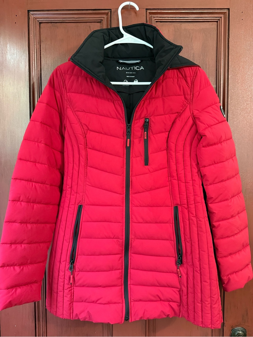 Nautica Women's Red Quilted Puffer Jacket with Black Contrast Collar